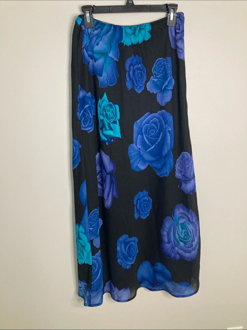 Vintage Pierre Cardin Black Maxi Skirt 16 Blue Teal Rose Print Dark Ronantic